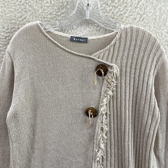 Katamai Beige Cream Knit Button Fringe Long Sleeve Pullover Sweater Womens XL - Picture 3 of 9